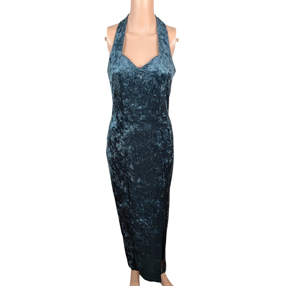 Vtg 90s All That Jazz S Forest Green Crushed Velvet Halter Midi Dress Whimsigoth